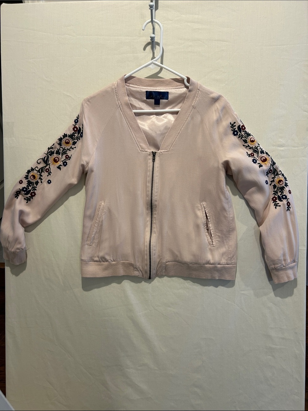 Blue Rain Blush Embroidered Sleeve Bomber Jacket